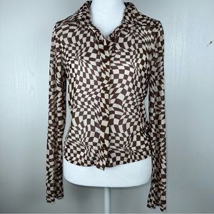 SHEIN Women’s Brown Checkered Sheer Long Sleeve Button Down Shirt Size L